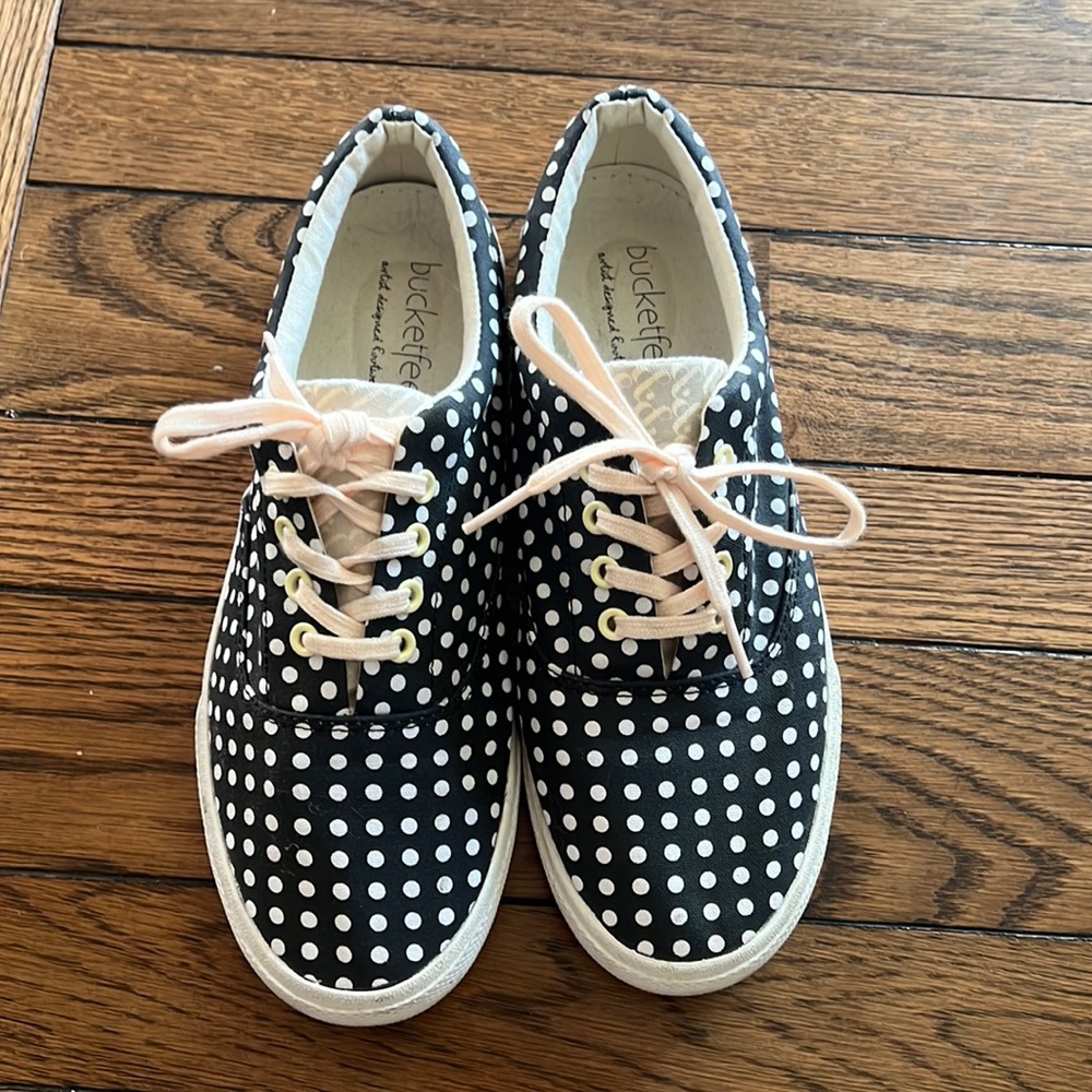 Bucket feet black and white checked shoes, size 7